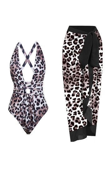 One Piece Leopard Print Brown Bikini Sett med Beach skjørt